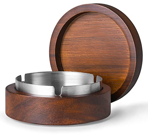Wooden Ashtray with Lid for Smokers Stainless Steel Liner Ash Tray Windproof Durable Easy to Clean Cool Ashtrays for Indoor or Outdoor Use, Patio, Office & Home
