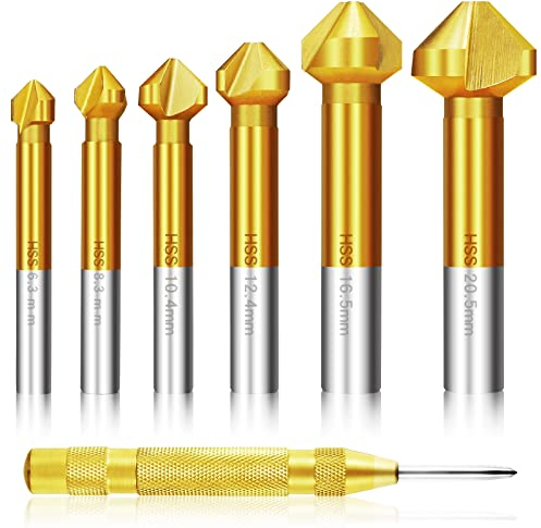 6 tlg. 90° Kegelsenker Satz HSS Senker Set, Titan-Beschichtungen Ø 6,3-20,5 mm Senkbohrer mit 1Messing Automatische Center Bohrer Punch für Kohlenstoffstahl Senkbohrer, Dämmplatte, PVC, Metall & Holz