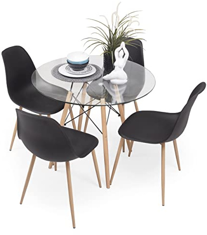 Homely – Conjunto de Comedor Tower Cairo Nordic 100 | Mesa + 4 sillas | Diseño Moderno | Comedor, Salón, Cocina, Sala | Mesa Redonda de Cristal de 100 cm | 4 sillas Color Negro