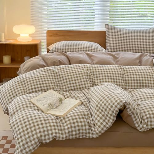 NSNLGSGC King Gingham Grid Duvet Cover Set Tan- Washed Microfiber Plaid Comforter Cover Set Brown Soft & Lightweight Breathable Clean Bedding Set(3PCS, King)