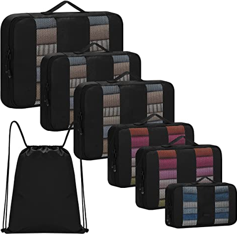 RYACO Koffer Organizer, 7 Teilig Packing Cubes mit wasserdichte Rucksack, Packwürfel, rucksack organizer, Packtaschen Travel Organizer für Tragen auf Gepäck und Rucksäcke(Schwarz)