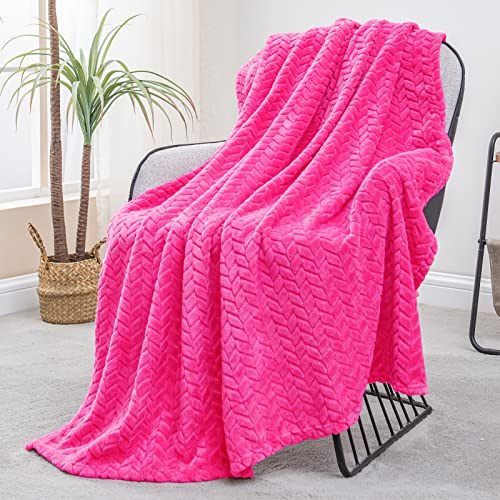 Exclusivo Mezcla Kuscheldecke Flanell-Fleecedecke mit Blättermuster,130 x 170 cm Sofadecke für Ganzjahreszeit, Flauschig und Warm, Hotpink