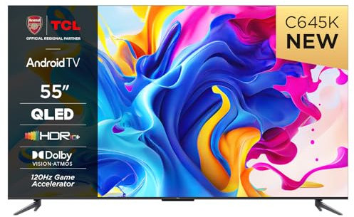 TCL 55C645K 55-inch QLED Television, 4K Ultra HD, Android Smart TV (Game master, Dolby Atmos, Freeview Play, Motion clarity, Hands-Free Voice Control, compatible with Google assistant & Alexa)