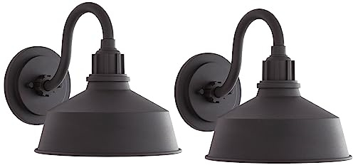 Franklin Iron Works Arnett Rustic Industrial Outdoor Wall Light Fixtures Set of 2 Black Metal Gooseneck Arm 10 Downlight Shade for Post Exterior Barn Deck House Porch Yard Patio Garage Garden