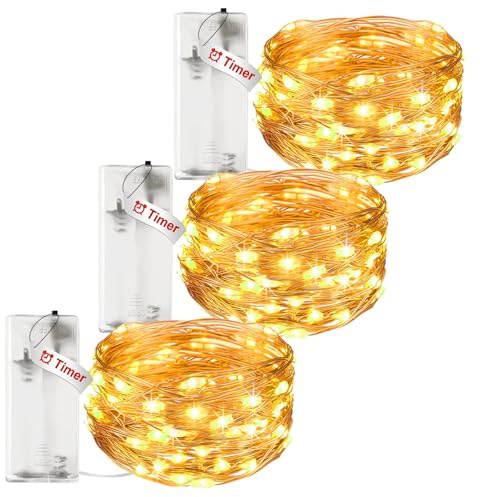 litogo 3 Stück LED Lichterkette Batterie mit Timer, 3M 30 LED Kupferdraht Lichterkette Innen, lichterketten batteriebetrieben (AA Batterie) für Party Weihnachten Halloween Hochzeit Deko, Warmweiß