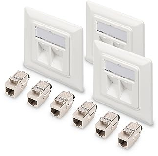 DIGITUS 2-Port Netzwerkdose – 3 Stück – Mit 6x Cat8.1 Keystone-Modul – Auslass 45° Gewinkelt – Mit Staubschutz-Kappe – Weiß