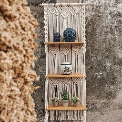 FutureHight Boho Makramee Wandbehang Regal 3 Tier Handgefertigte Gewebte Quaste Organizer Regale Wand Schwimmende KleiderbüGel für Wohnkultur