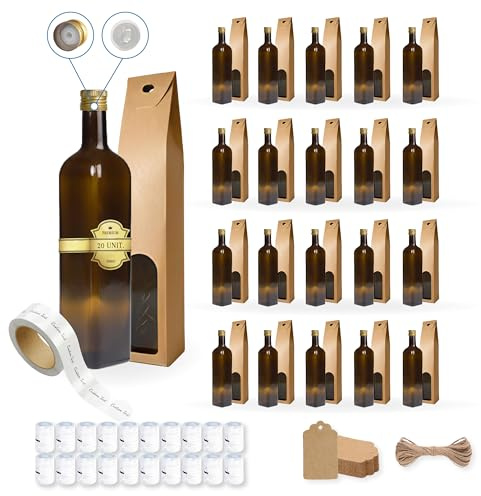 20 bottiglie in vetro scuro da 500 ml con tappo a vite dorato con beccuccio versatore + 20 scatole + 20 sigilli + 20 etichette personalizzate + 20 etichette Kraft + spago - olio di oliva, aceto