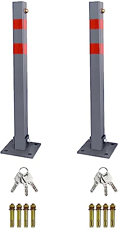 Fiqops 2 set Parkpfosten mit Reflexstreifen, Absperrpfosten mit 3 Schlüssel, Stahl klappbar Parkplatzsperre Parkplatzsperren, Robust Standfuß Sperrpfosten Set