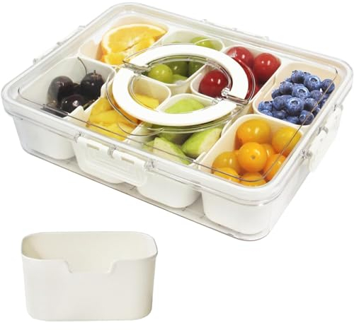 Vassoio Portata Diviso con Coperchio e Maniglia, Contenitore Portatile per Alimenti, Piatti Snack, 8 Scomparti Rimovibili per Feste,Organizer Riutilizzabile per Antipasti,Verdure,Caramelle,Frutta,Noci