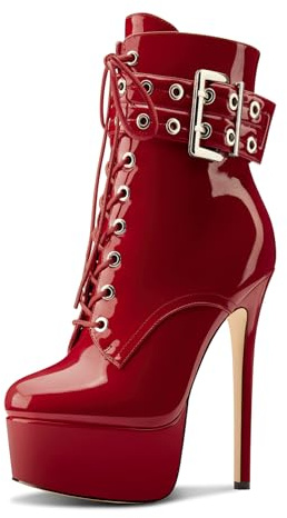 Aachcol Femmes Aiguille Haut High Talon Heel Plate-forme Bottines Rond Bout Lacets Fermeture à Glissière Mi Mollet Boucle Dress Bottes
