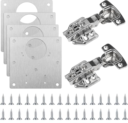 KEYIDO 4 PCS Hinge Repair Plate and 2 PCS Full Overlay Cabinet Hinges Soft Close Kitchen Cupboard Door Hinges Repair Kit Fixing Plates for Wardrobe Unit with 32 PCS Screws