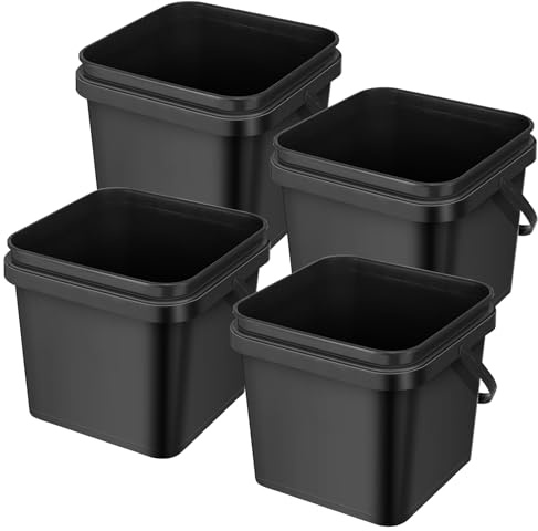 Jingmore 4 cubos de plástico cuadrados de 5 cuartos de galón, cubo pequeño con asa, organizador resistente para limpieza de casa, almacenamiento, alimentación de ganado, lavado de autos (negro)