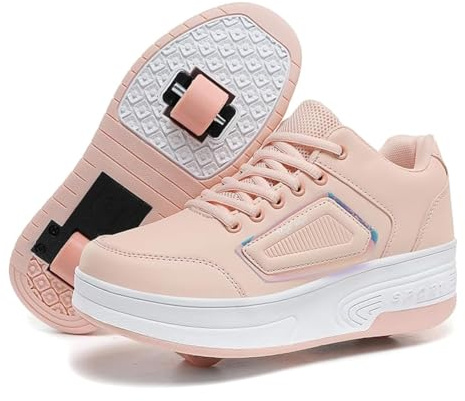 Wooowyet Roller Skate Shoes for Girls Kids Boys Fashion Wheeled Sneakers Retractable Roller Shoes with Wheels Zapatillas Zapatos Con Ruedas para Niñas Pink Big Kids Size 8