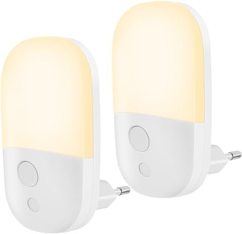 Luz nocturna para niños con sensor de crepúsculo, juego de 2 luces nocturnas, toma eléctrica con 3 niveles de luminosidad, luz nocturna para bebé Plug and Play para dormitorio bebé, pasillo, escalera