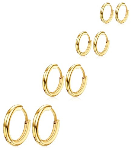 DIVINA VITAE 4 Paia Orecchini a Cerchio in Acciaio Chirurgico 316L Oro, Design Classico e Semplice, Adatti a Uomini e Donne, 8/10/12/14mm