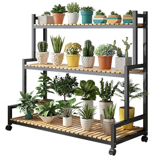HUHJYUGE Blumenregal Outdoor Metall, Blumenregal Balkon Wetterfest, Pflanzenregal mit Rädern, Pflanzentreppe Blumenregal Standregal, für Wohnzimmer Balkon Garten (3 Tiers/120cm)
