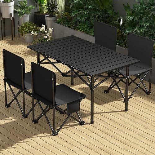 JUNYFFF Campingtisch Klapptisch Aus Kohlenstoffstahl Mit 4 Stühlen Ultraleicht Camping Tisch Klein Tragbar Campingtisch Zum Garten Wandern Camping,Schwarz