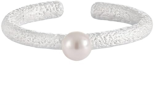 NicoWerk Damen Silberring Perle aus 925 Sterling Silber Schmal Rustikal Ausgefallen Wuchtig Matt mit Struktur Verstellbar Offen SRI1087