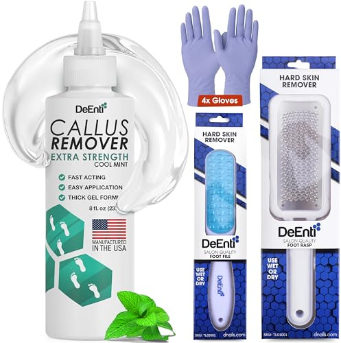 DeEnterprises, Inc. Deenti Callus Maintenance Pack, Package Includes Mint Scented Callus Remover, Metal Foot Rasp, Foot File and 4 Pairs of Gloves, C