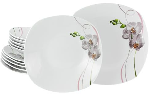 CreaTable, 24025, Serie Square Orchidee, 12-teiliges Geschirrset für 6 Personen, Tafelservice aus Porzellan, spülmaschinen- und mikrowellengeeignet, Qualitätsproduktion
