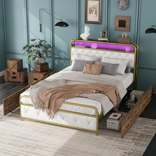Metallbett 140x200 cm, Doppelbett mit 4 Schubladen und Lattenrost, LED Kopfteil mit Staufach und USB-Ladefunktion, Jugendbett Stauraumbetten Funktionsbett Rückenlehne Bettgestell, Ohne Matratze, Gold