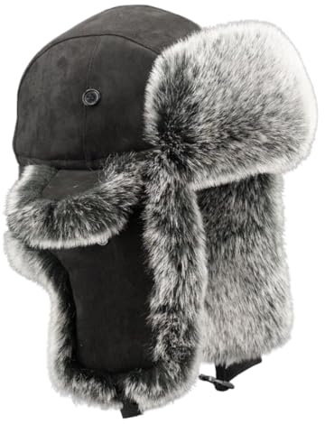 Pyrafox Fliegermütze Wintermütze mit Ohrenklappen Herren, Trappermütze Russen Fellmütze für Männer, Russische Trapper Pelzmütze Haube Damen Uschanka Schapka Russenmütze Warme, M/L Schwarz
