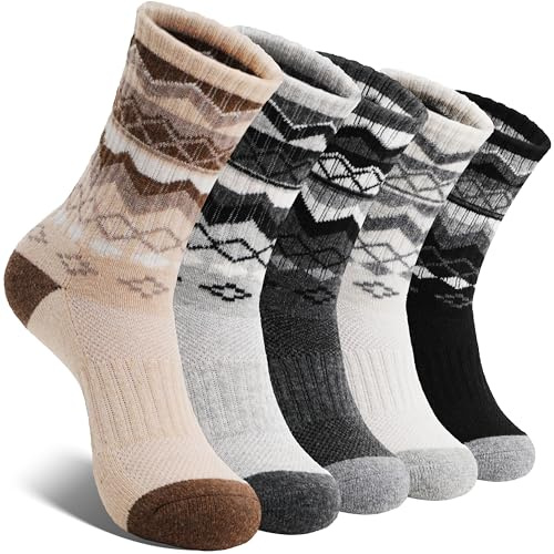 EBMORE Womens Merino Wool Socks Thermal Warm Winter Hiking Walking Stocking Fillers Women Boot Crew Cushion Work Gift Socks 5 Pairs(Black/Light Grey/Brown/White/Dark Grey,M)