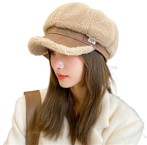 2025 Sherpa Fleece Newsboy Cap Women Winter Warm Plush Octagonal Hat Fashion Painter Artist Hat French Fuzzy Beret(White)