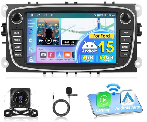 Podofo 4+64G Autoradio für Ford Focus C-Max S-Max Mondeo Kuga Galaxy Mondeo 9 Kuga mit kabellosem Carplay Android Auto, 7'' HD Touchscreen Android Radio mit GPS/WLAN/RDS + Rückfahrkamera und Mikrofon