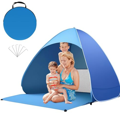 dellyy Tente de Plage Bebe Anti UV Compacte, Mini Tente Pop Up de Plag peut accueillir 2 à 3 Personnes, UPF 50+, Abri de Plage Pliable convient à la Plage, au Jardin, au Parc, 165*150*110cm (Bleu)