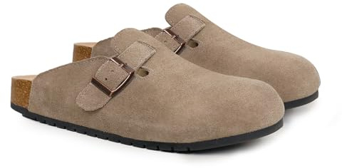 EVELLYHOOTD Women's Men's Suede Clogs Leather Mules Cork Footbed Sandals Comfort Potato Shoes with Arch Support(with Socks),Camel