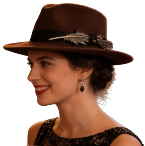 YJZQ Fedora-Hut, breite und flache Krempe, Filzhut, Glockenform, Herren, Trilby-Kappe für Ritter und Jazz, Gentleman (56-58 cm), camel, 56-58