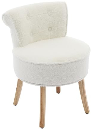 Warmiehomy Dressing Table Stool with Wooden Legs and Tufted Back, White Makeup Vanity Stool for Dressing Table, Dressing Room, Bedroom, Living Room, Teddy Velvet
