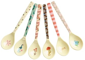 ReWu Rice Melamin Teelöffel 6er-Set - Pfau & Blumen Print - Bruchsicher Campingeschirr Melamingeschirr Kinderbesteck Dessertlöffel Bruchsicher BPA-frei Löffel