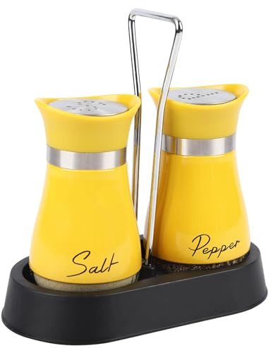 Salt and Pepper Sets, Salt and Pepper Shakers with Holder, Set of 2 Stainless Steel and Glass Bottle Salt Shaker Cellar Dispenser for Kitchen, Cooking, Camping (Yellow)