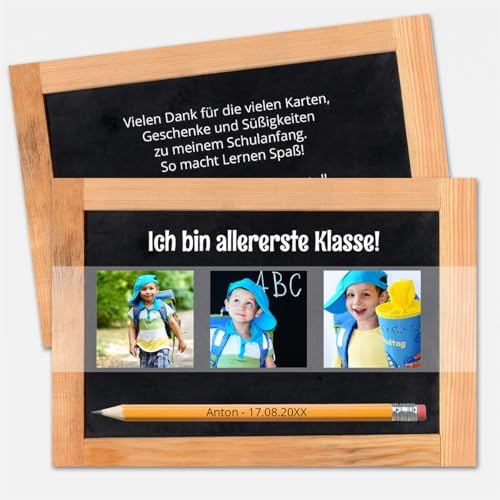 Tischkarten-Shop Personalisierte Dankeskarte Schulanfang Einschulung, 10 bis 100 Stück, DIN A6, sehr dickes Papier, mit eigenem Bild und Text, für Jungen und Mädchen, Briefumschläge, Motiv Bleistift