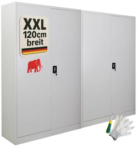 PROREGAL Mega Deal 2X Flügeltürenschrank Elephant Metall Aktenschrank abschließbar 2 Türen 180x120x40cm Stahl 4 Ebenen Stahlschrank Pulverbeschichtung Lichtgrau Werkstattschrank Mehrzweckschrank
