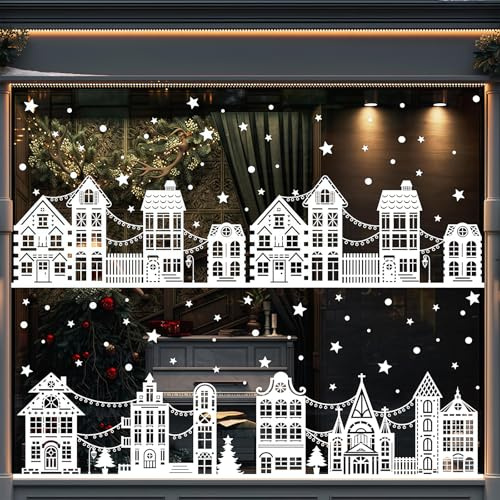 VYNZOR 137 Stickers Ventanas Navidad – 9 Planchas PVC Reutilizables Doble Cara con Copos de Nieve, Casitas y Árboles de Navidad, Autocollantes Invernal para Ventanas, Puertas y Decoraciones Festivas