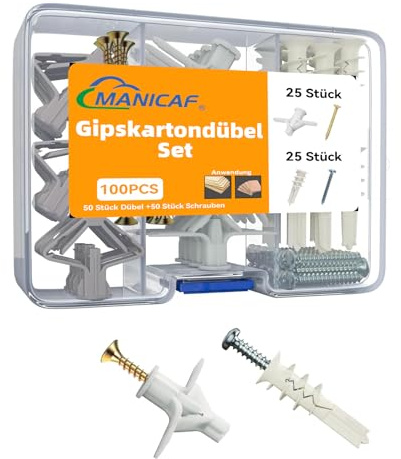 MANICAF Rigipsdübel Set, 100 Stück Hohlraumdübel, Schrauben Dübel Set, Gipskartondübel Dämmstoffdübel für Gipskartonplatten, Faserplatten, Hohlraumwände(50 Stück Trockenbaudübel + 50 Stück Schrauben)