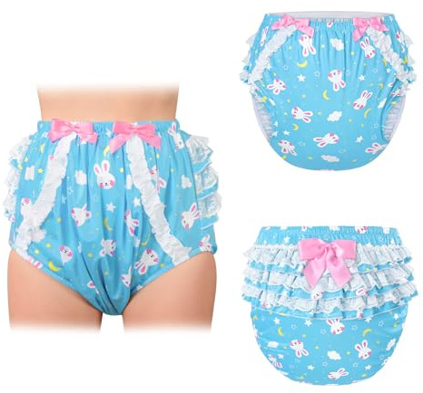 LittleForBig Silky Washable Reusable Waterproof Ruffled Lace Bow Snuggle Bunny Pattern Ruffle Adult Diaper Cover Blue XL