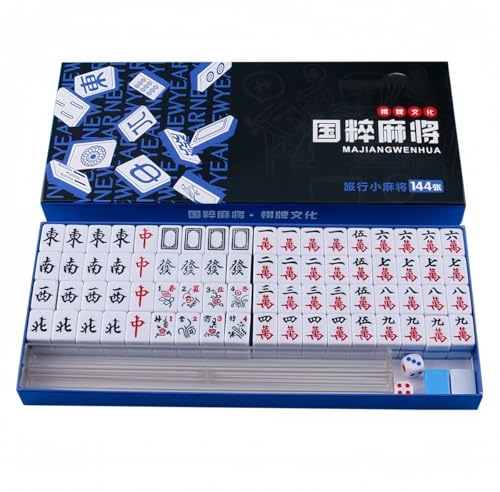 Surwin Jeu de Mahjong 144 Tuiles Mini Mahjong Chinois Traditionnel avec 2 Dés et 4 Supports de Titre, Jeu de Société Portable avec Boîtes de Rangement pour Famille, Voyages, Fêtes (Bleu)