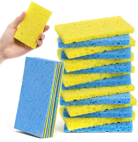 20 esponjas de celulosa comprimida, esponjas de limpieza de cocina antiarañazos, pulpa de madera natural, reutilizables, multiusos, para el hogar, el baño, fregadores suaves (azul, amarillo)