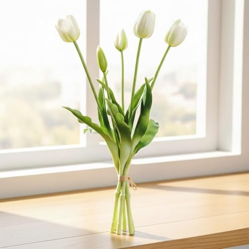 Zouwel 5 Stück Künstliche Tulpen wie echt mit 3 Tulpen und 2 Tulpenknospen- Real Touch Tulpenstrauß Frühlingsdeko Kunstblumen Strauß für Zuhause,Büro (Weiß)