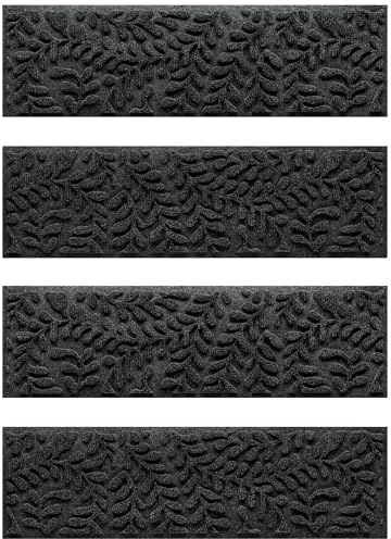 WaterHog Boxwood Stair Treads for Indoor Ourdoor Stairs, Absorbent All-Weather Stair Runner with Rubber Backing, Dirt & Moisture Trapper, Easy Clean Mat, Made in USA, 8.5x30, 4pcs, Charcoal