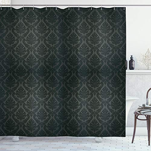 ABAKUHAUS Damast Duschvorhang, Damast-Motive, Stoffliches Gewebe Badezimmerdekorationsset mit Haken, 175 x 180 cm, Schwarz Grau