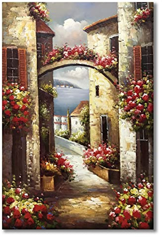 Paimuni 100% handgemaltes Leinwandbild, italienische Stadt, Mittelmeer, Toskana, Meer, Küste, Blumen, Ölgemälde, gespannt und gerahmt, fertig zum Aufhängen, Landschaft, Wanddekoration, 61 x 91 cm