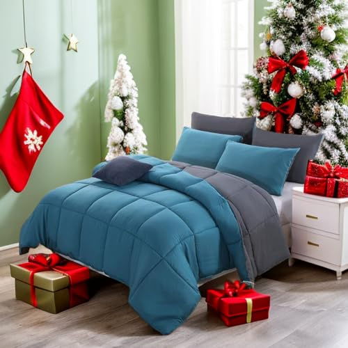 QZY Bettdecke 135 x 200 cm - Quilted Steppbettdecke antiallergisch für Allergiker 100% Microfaser 4 Jahreszeiten Bettdecke Double Face Blau/Grau