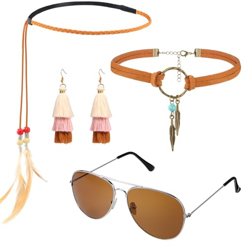 Hippie/Böhmen Kostüm Satz Frieden Satz, inklusiv Sonnenbrille, Halskette und Stirnband für Party Zubehör der 60er und 70er Jahre (Bohemien Stil B, 4 Stücke)