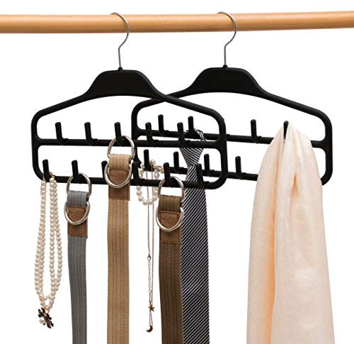 Belt Hanger Rack Holder 2 Pack, Sturdy Organizer with 360 Degree Swivel, 11 Large Hooks for Closet, Non Slip Rubberized Storage, Black, 14 x 0.39 x 11 Inch